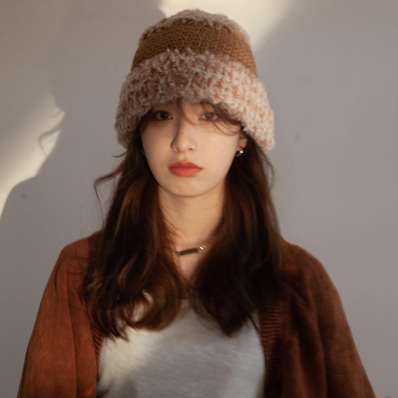 

Вязаная мягкая панама женская осень-зима корейский стиль плюшевая шапка с кроличьим мехом шапочки японский тренд теплая защитная шапка для ушей