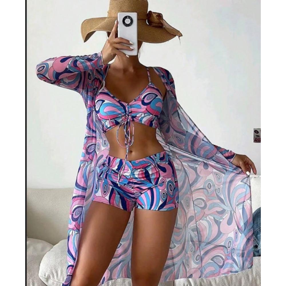 

Женский купальник раздельный трехпредметный с высокой талией и длинным рукавом, сексуальное бикини L фиолетовый