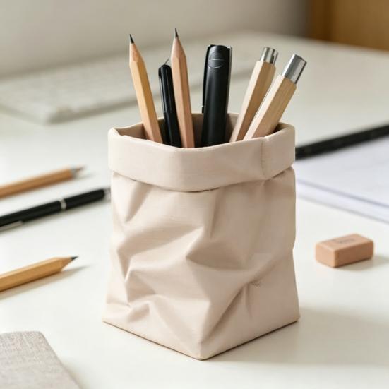 Yousheng Paper Bag Style Pen Holder Wrinkle Texture PLA Desktop Organizer for Office School Home Multi-Purpose Storage for Brushes Remote Rustic