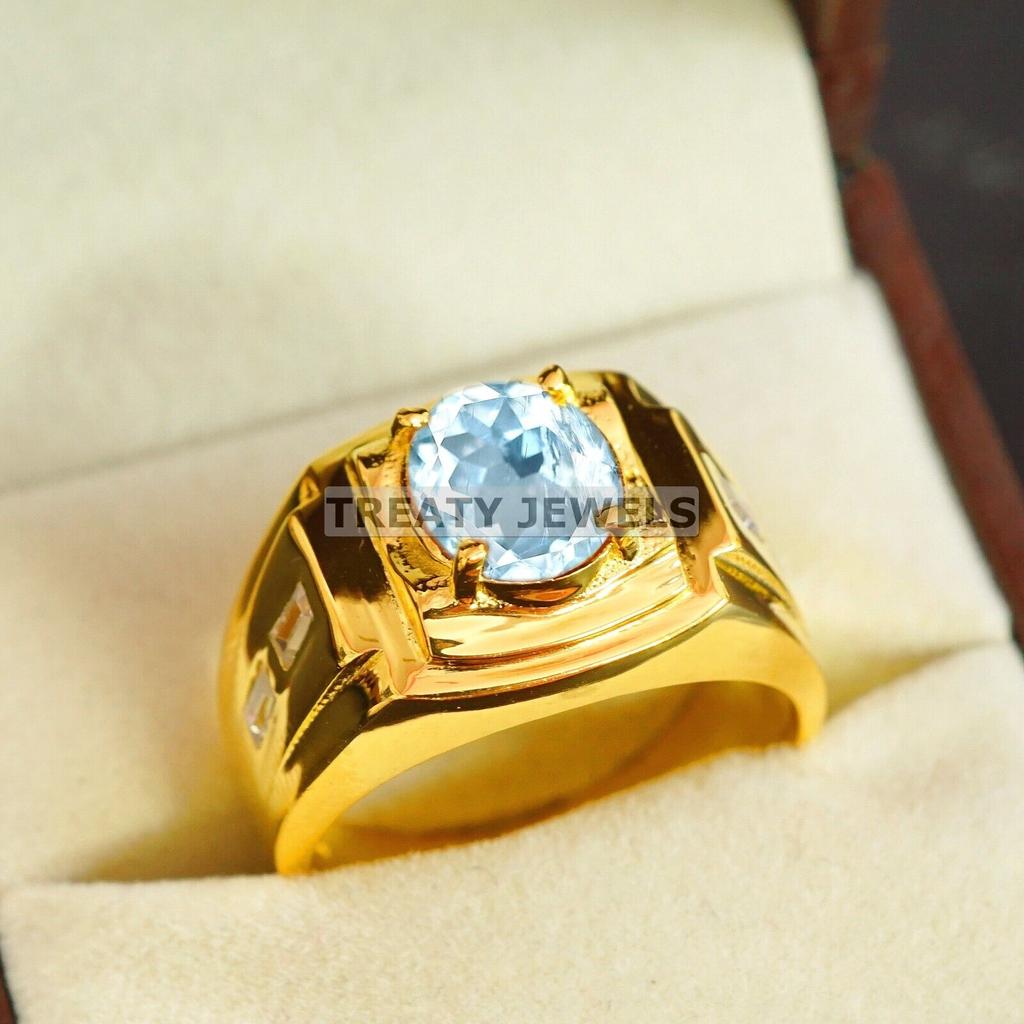 Aquamarine Oval Cut With 925 Sterling Silver Gold Plated Ring For Men's #A736 JL375659042889