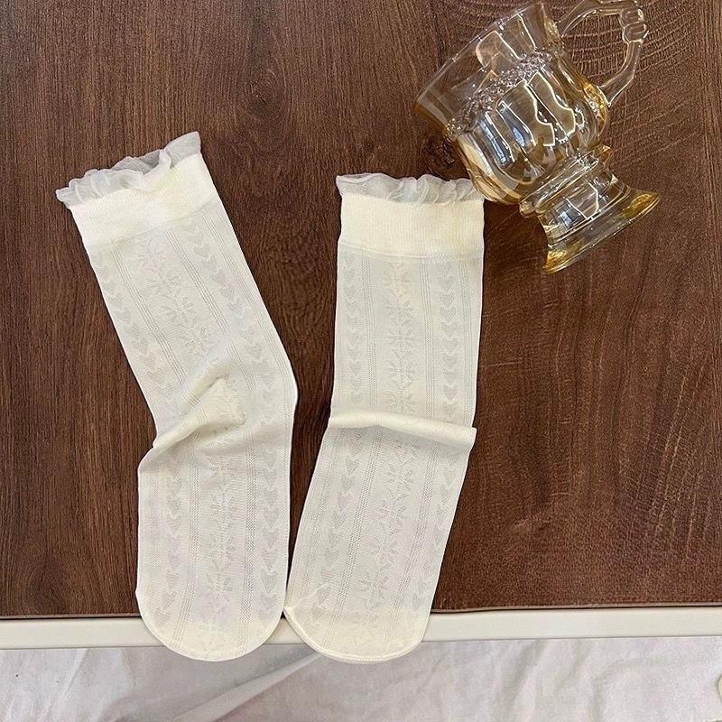 Women's Summer Thin Breathable Wave Point Wooden Ear Border Clear Ice Silk Lace Medium Tube Crystal Socks