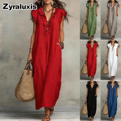 Summer Women's Solid Ruffled V-Neck Linen Sleeveless Loose Casual Fashion Sundress