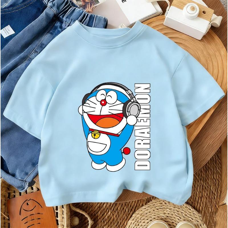 2026 Summer Boys and Girls Round Neck T-Shirt Cute Cartoon Doraemon Fashion