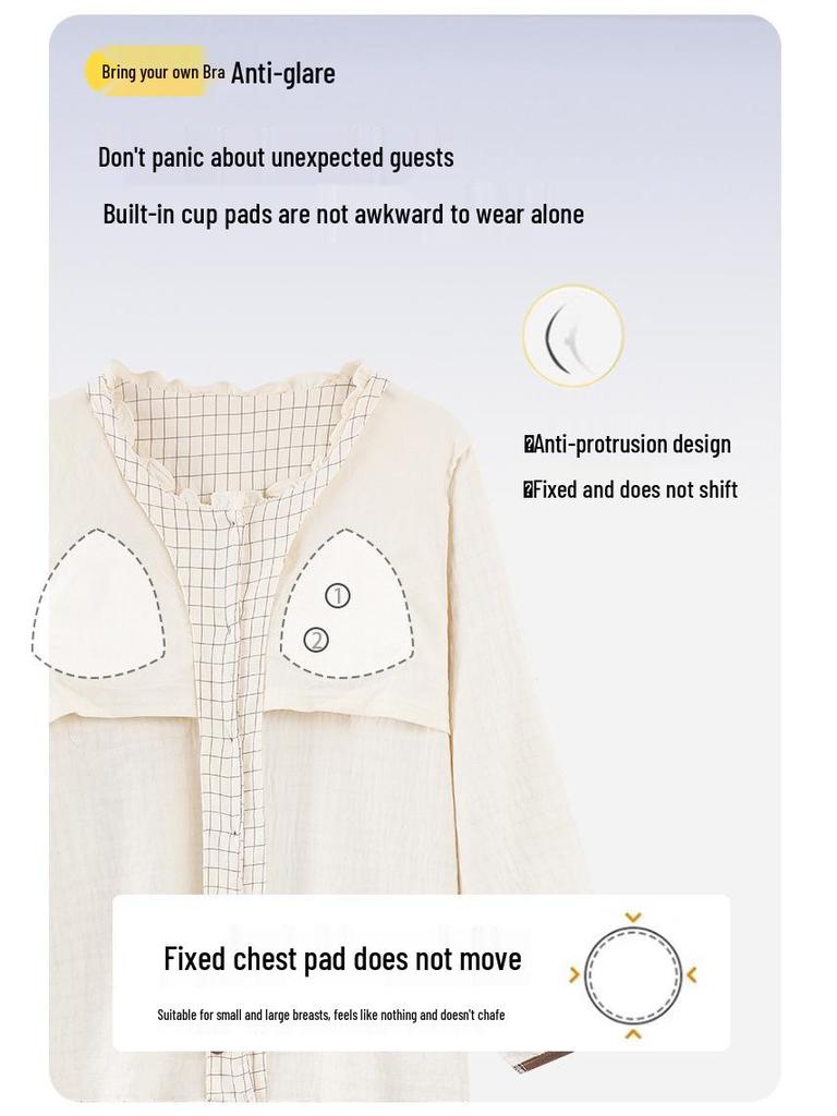 Women's Long-Sleeve Round Neck Pajama Set with Bra Pads, Wearable Outside, Cloud Cotton Loungewear