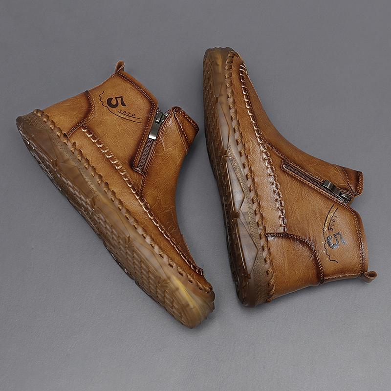 TUINANLE Hand-stitching Leather Men Boots Casual Leather Shoes Men Ankle Boots Zipper Shoes