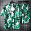 Hawaiian Beach Flower Shirt Men's Hong Kong Style Retro Style Short Sleeved Shirt Set Casual Two-piece Set