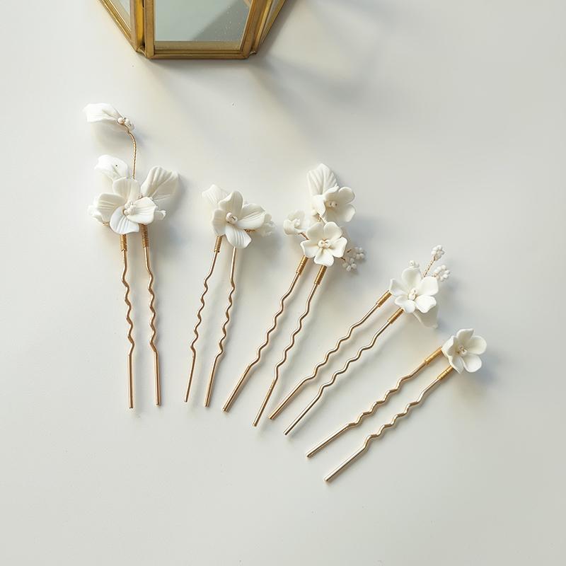 Diadema da Sposa Fiore in Argilla Ceramica Cristallo Perla Pettine per Capelli Spille Accessori Copricapo da Donna per Matrimonio Festa Idee Acconciature