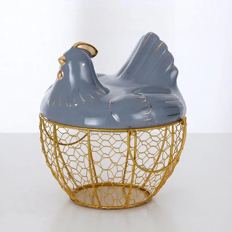 Cute Hen-shaped Egg Storage Basket Metal Wrought Iron Egg Basket with Lid Kitchen Food Debris Storage Container Home Decoration