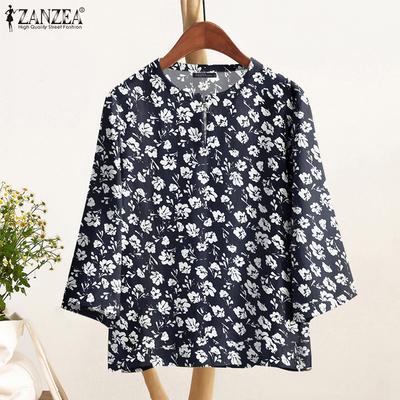 Women Round Neck 3/4 Sleeve Casual Floral Blouse