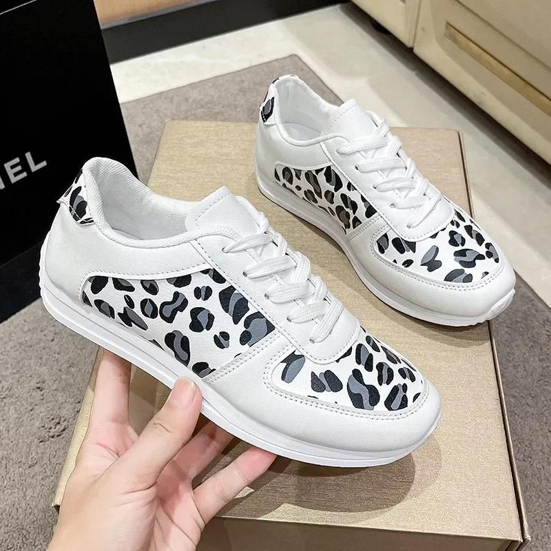 Ladies' Spring Fashion Leopard Print New Casual Single Shoe with Soft Sole and Lace Up Outdoor Hiking Breathable Sneakers Shoes