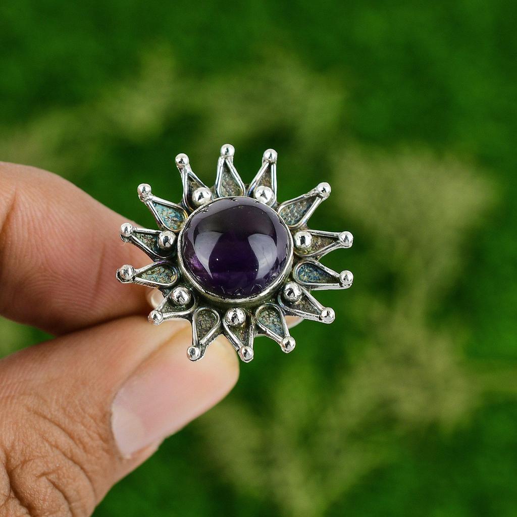 925 Silver Crown Chakra African Amethyst Stone Flower New Statement Ring Jewelry