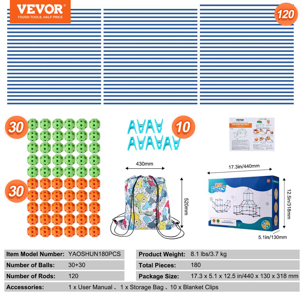 SucceBuy Fort Building Kit for Kids Building Toys with 120 Rods 60 Balls Indoor Outdoor Play Tent for Children Educational Gift