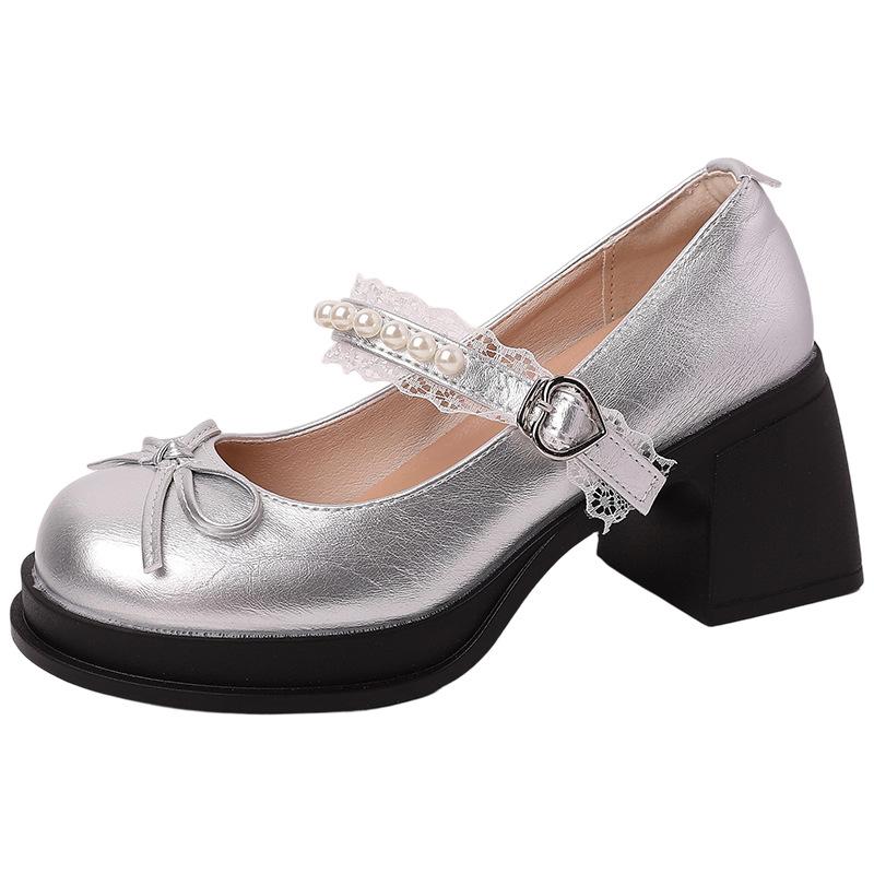 French bow pearl one-word small leather shoes women's 2025 new high heels women's shoes thick sole heightened thick heel single shoes
