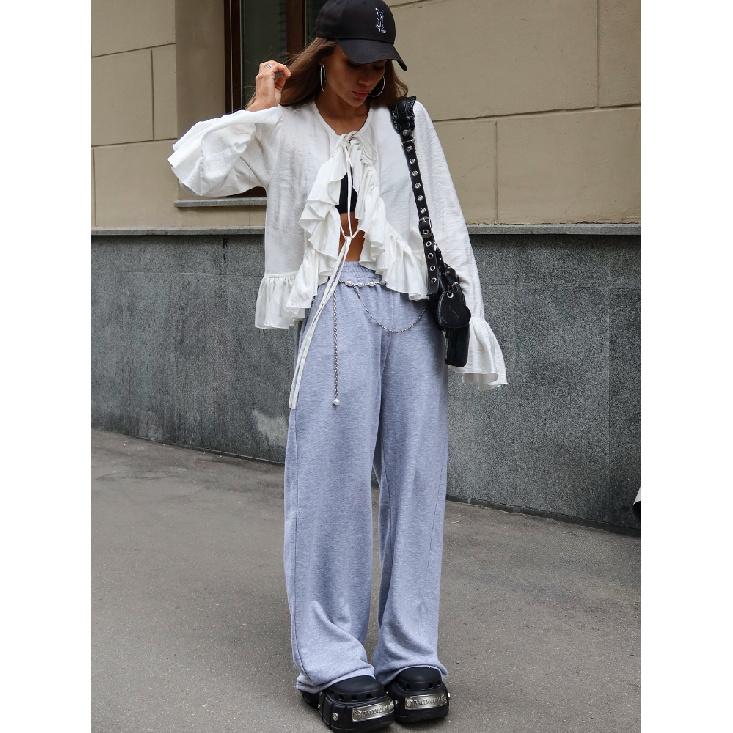 Solid Lace Up Design Shirts For Women V Neck Long Sleeve Patchwork Irregular Ruffled Short Blouse Female Fashion