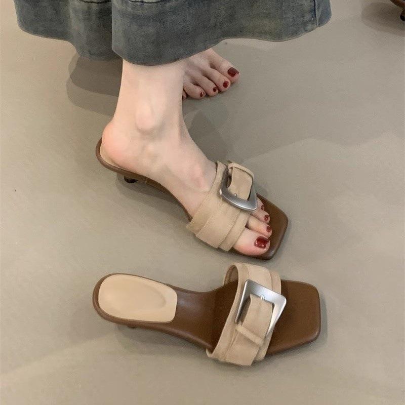 Niche high heels temperament elegant nude belt buckle open toe word with stiletto sandals
