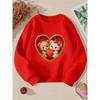 Kids Unisex Crewneck Sweatshirt, Couple Teddy Bears Holding Red Heart Inside Golden Heart Box Cartoon Print Soft Pullover For Kids Over 4 Years Old