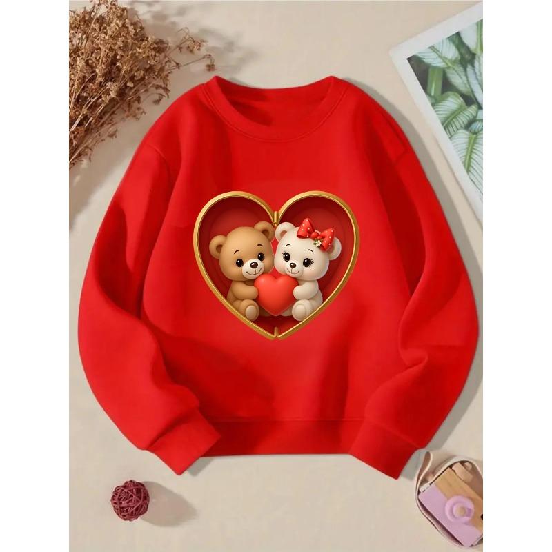Kids Unisex Crewneck Sweatshirt, Couple Teddy Bears Holding Red Heart Inside Golden Heart Box Cartoon Print Soft Pullover For Kids Over 4 Years Old