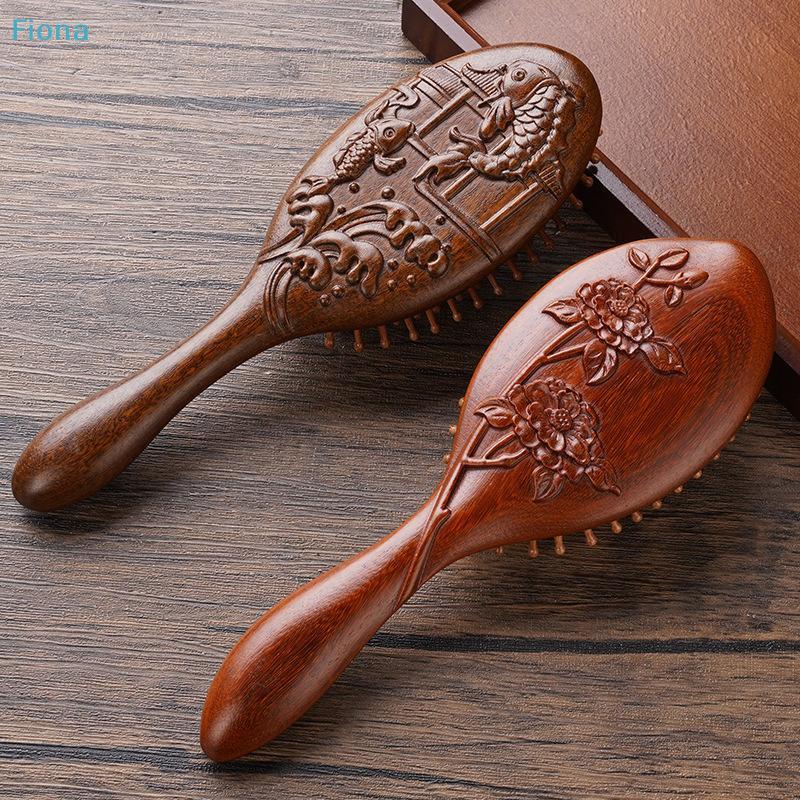 Hand Carved Sandalwood Comb Oval Shape Wooden Air Cushion Comb Styling Brush Fine-Toothed Scalp Massage Brush