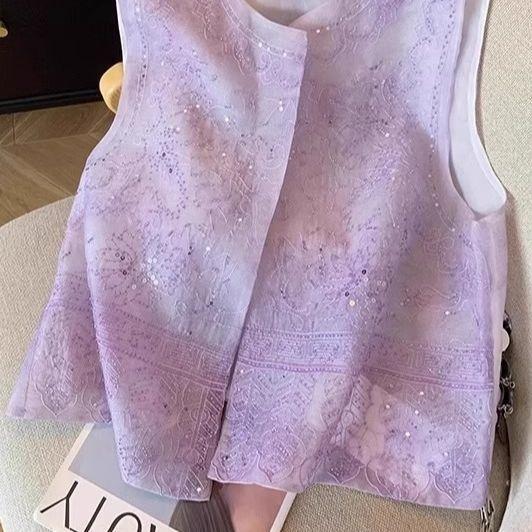 

Embroidered vest new high-end sleeveless summer top thin cardigan style 2025 temperament vest 3XL (recommended 138-75kg)