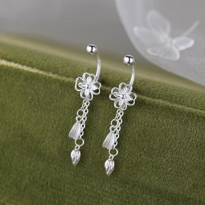 925 Sterling Silver Flower Tassel Stud Earrings - Light Luxury, New 2025 High-End Jewelry for Women
