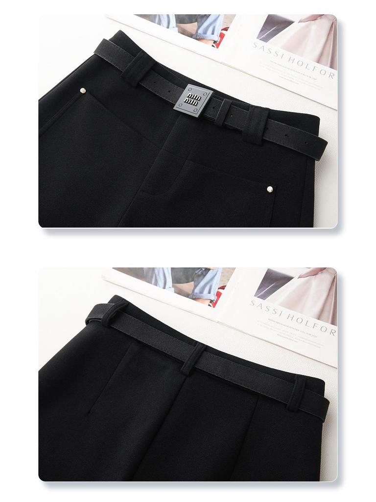 Women's Gray Woolen Straight-Leg Pants & A-Line Booty Shorts - Slimming, Autumn/Winter 2024 Collection