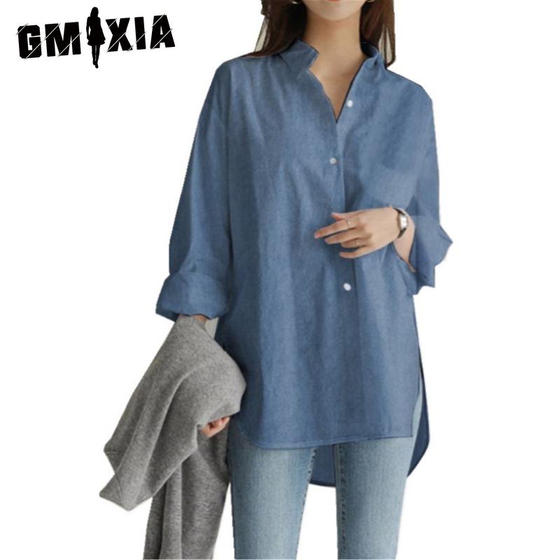 GMXIA Camicette e camicie con collo a polo, maniche lunghe, stampa casual, alla moda, in tinta unita