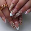 Floral Acrylic 24pcs Medium Almond Shaped Press-On Nails, French White 3D Fake Nails With Metal & Gold Bead Decor,For Girls Women Daily Wear