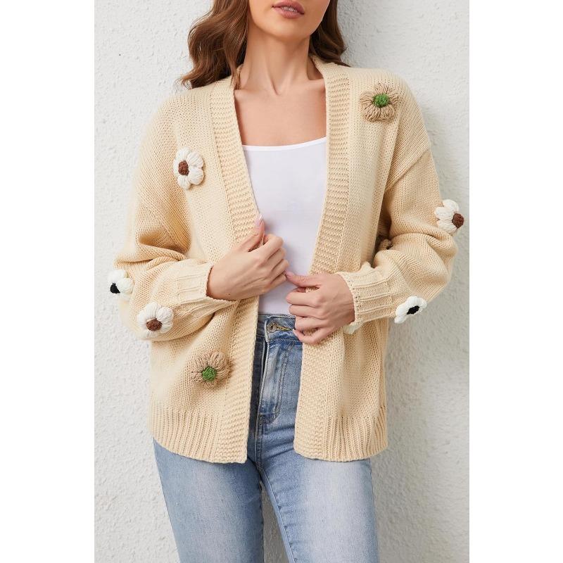 

JKASHDK Женские модные повседневные свитера с принтом цветочного узора, осенне-зимние, с длинным рукавом и V-образным вырезом L абрикосовый