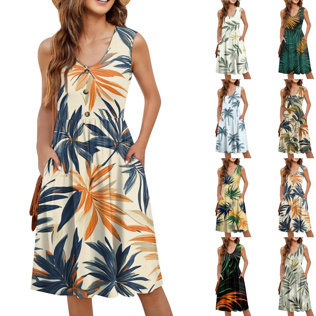 Naiste vabamoeline seksikas V-kaelusega nööbiga kaunistus varrukateta rannatrükiga Boutonniere kleit