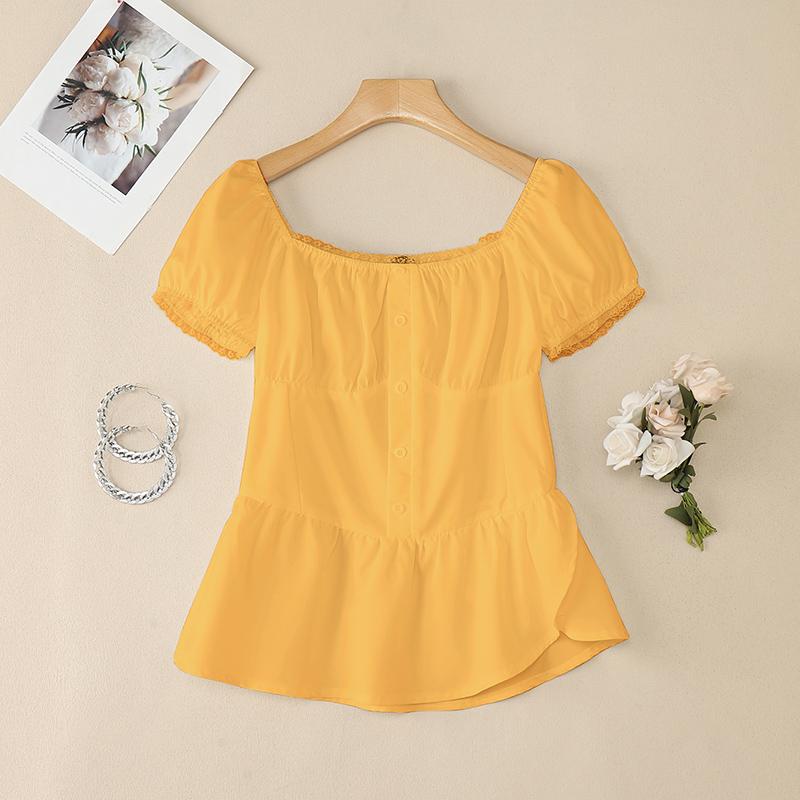 

VONDA Women Puff Sleeve Slim Waist Ruffled Casual Blouse 5XL жовтий