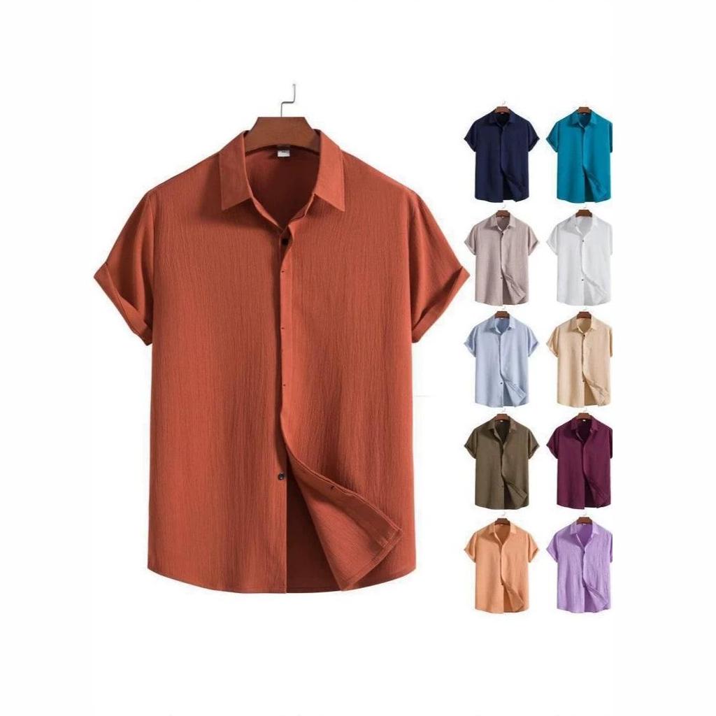 Summer 2026 Men's Casual Loose-Fit Solid Color Short-Sleeved Button-Down Shirt