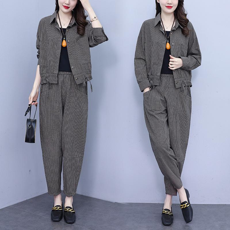 

Модный полосатый костюм большого размера женский осенний свободный повседневный в западном стиле был тонким костюмом-двойкой XXXXL серый