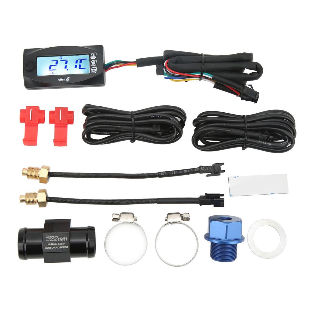 4 v 1 Měřič teploty vody a oleje, času a napětí LCD digitální displej DC12V Univerzální pro motocykl