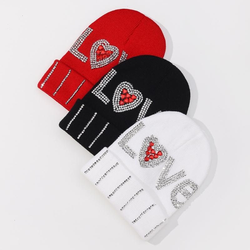 InsStyle Soft Hat Knitted Rhinestone LOVE Letter Beanies Hat Handmade Hat Breathable Pullover Hat Street Photoshoots Cap