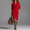 Women's Lapel Collar Partial Button Pocket Ribbed Knit Long Sleeve Midi Sweater Dress