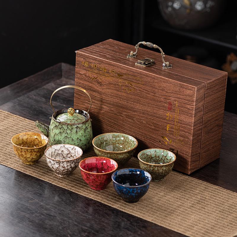 Beam pot Kung Fu tea set, a pot of six cups, a large-capacity brewing teapot, a kiln change, a tea bowl, a gift box, and a gift.