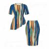 Women Plus Size Striped Printed Round Neck Short Sleeve Asymmetric Top Fitted Skirt Two Piece Set