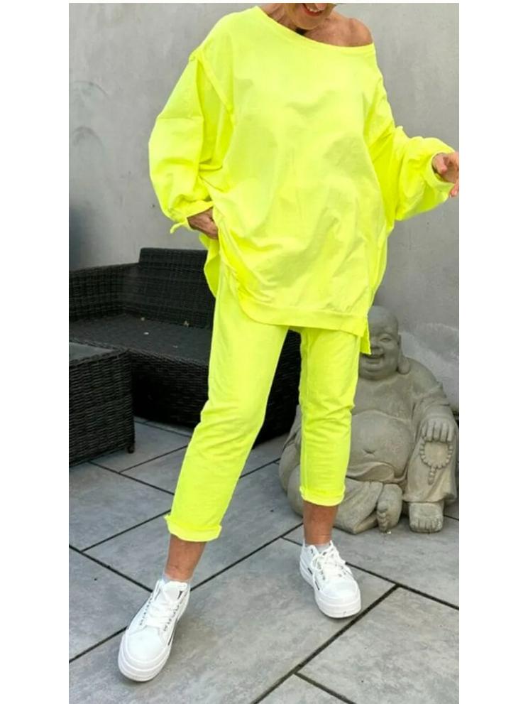 

2025 Женский повседневный однотонный комплект с длинным рукавом и брюками - Европейский и американский стиль 3XL неоновый жёлтый