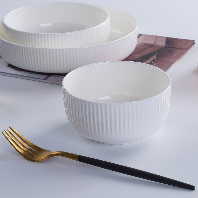 Korean Style White Bone China Vertical Stripe Dish - Shallow & Deep Options