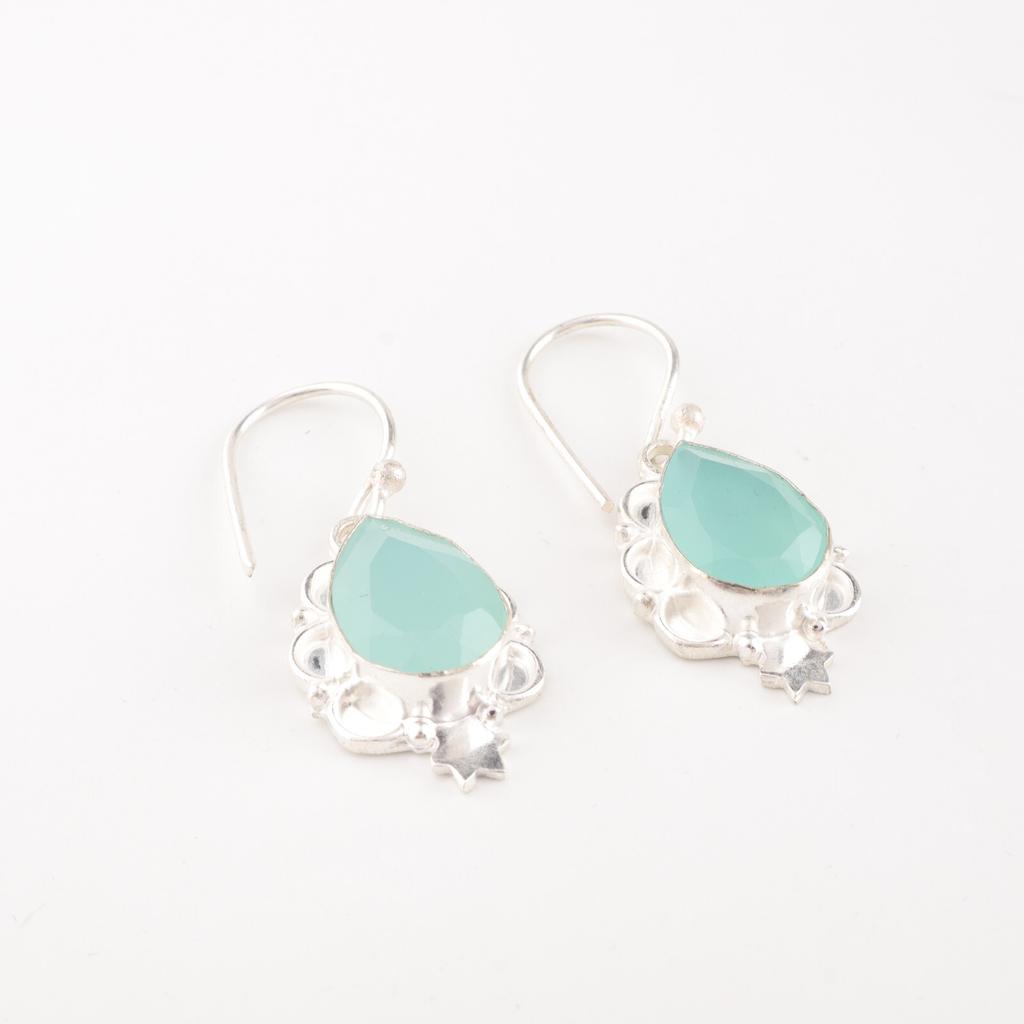 Kamień szlachetny Chalcedon Akwamarynowy Srebro Próby 925 Biżuteria Ręcznie Robione Kolczyki 1,6" Dla Niej EE-163-18