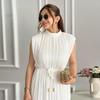 2024 Spring/Summer Women's Semi-High Collar Tie-Belt Midi Dress
