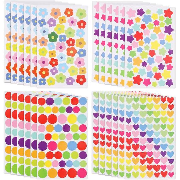 1990pcs Reward Stickers, 24 Sheets Colorful Reward Stickers for Students Mini Flower, Star, Heart Dot Stickers for Kids Reward Self Adhesive Stickers