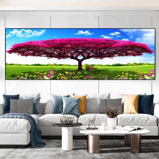 Abstract Red Green Big Tree Wooden Chair Landscape Canvas Painting Posters and Prints Wall Art Pictures Room Home Decor No Frame