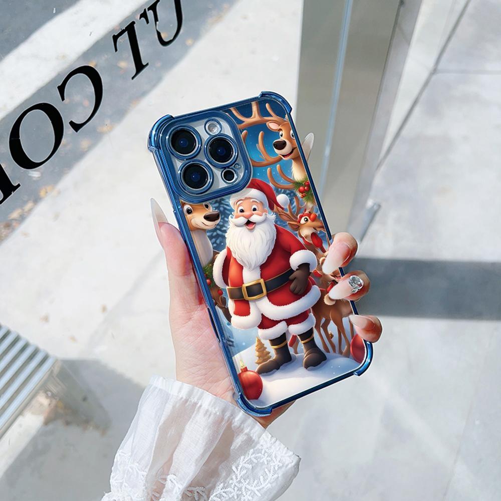 Ae119 Merry Christmas Santa art design Electroplated TPU Phone Cases for iPhone 16 15 13 11 Pro Max 14 XR Infinix Smart 8 Four Corner Protection Cover