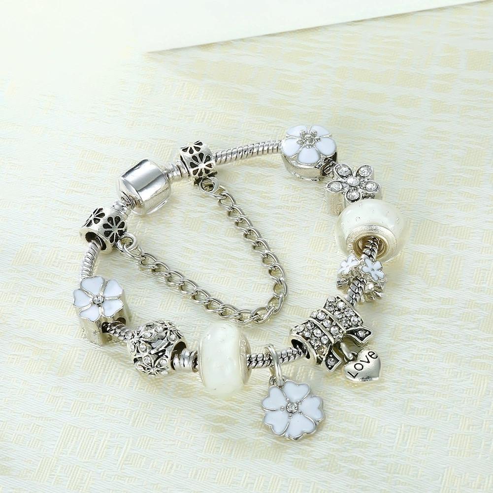 2026 Hot Sale Fashion Jewelry Diy Flower Charm Bracelet Silver Plated Crystal Rhinestone Butterfly Love Pendant Men's Trendy