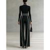 Women S Elegant Stand Collar Contrast Trim Waist Slimming 1 2 Sleeve Knit Wide Leg Pants Two Piece Set