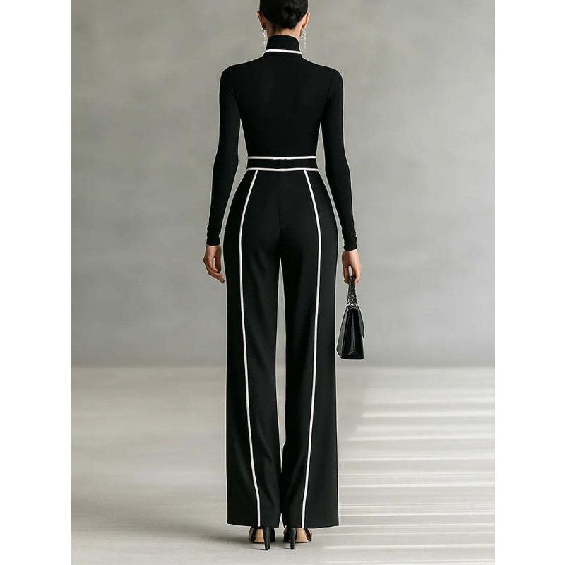 Women S Elegant Stand Collar Contrast Trim Waist Slimming 1 2 Sleeve Knit Wide Leg Pants Two Piece Set