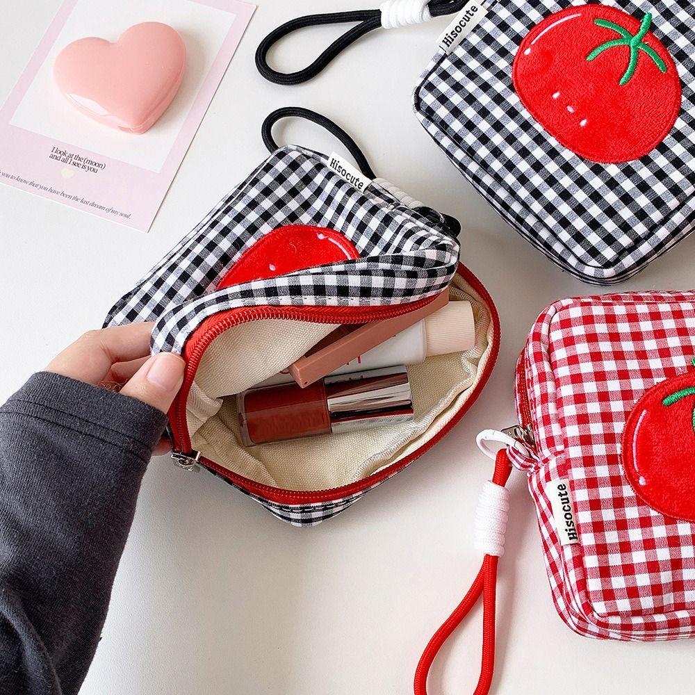 Square Small Makeup Bag Tomato Plaid Mini Organizer Bag  CCD Camera Sanitary Napkin Lipstick