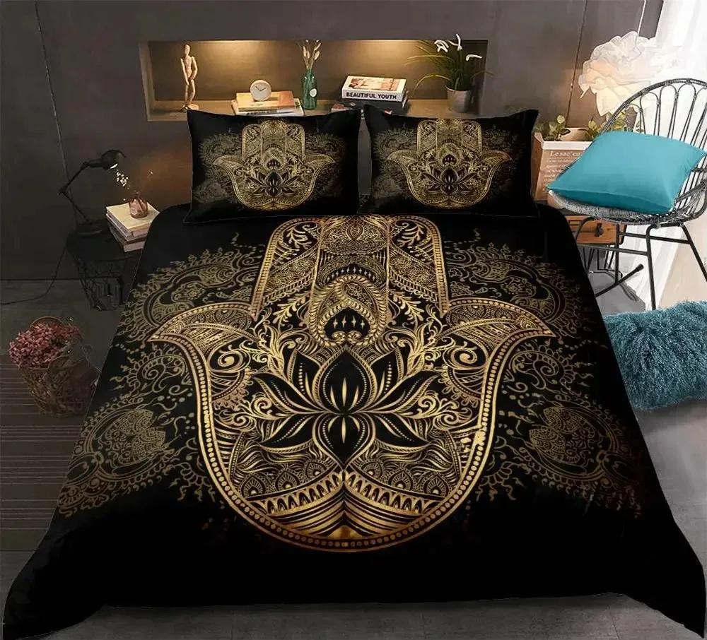 

Комплект постельного белья Hamsa Hand Boho Mandala Duvet Cover Set Black Gold Bohemia Bed Set Fatima Hand Постельное белье Lucky Hand Quilt Cover 135x200cm
