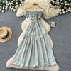 French sweet style square neck floral dress women's summer pleated waist strap A word temperament long dress red